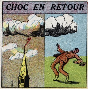 Eletricidade atmosférica: choque em retorno. Um homem é eletrocutado porque está no campo de influência de uma zona relâmpago. Ilustração anônima de 1925. Coleção privada. de Anonymous Anonymous