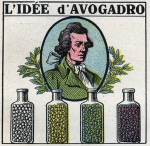 Átomos: A ideia de Amedeo Avogadro (1776-1856). Ilustração anônima de 1925. Coleção privada. de Anonymous Anonymous