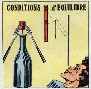 Equilíbrio de sólidos: condições de equilíbrio. Experiência com uma garrafa, uma rolha e dois garfos. Ilustração anónima de 1925. Colecção privada. de Anonymous Anonymous