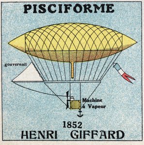Balões: envelope pisciforme de Henri Giffard (1825-1882) em 1852. Ilustração anônima de 1925. Coleção privada. de Anonymous Anonymous
