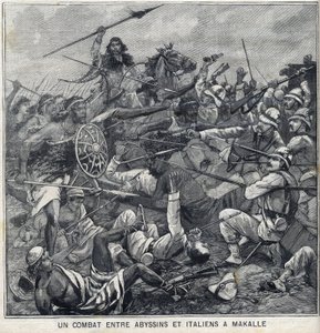 Batalha entre Abissínos de Menelik II e italianos em Makalle, Etiópia. Gravação em "Le Petite Parisien". de Anonymous Anonymous