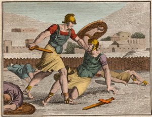 Batalha de Cavalos e Curiaces - Batalha entre Horatii e Curiatii - Gravura do "The Rollin of Youth or Selected Pieces of Ancient and Roman Stories" 1816 - Coleção particular de Anonymous Anonymous