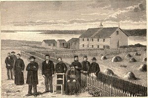 Bispo Isidore Clut (1832-1903), R.P. Le Corre e outros membros da Missão Providence em Athabaska Mackenzie (Athabaska-Mackenzie), no Canadá, no final do século XIX. Gravura em "Les Missions Catholiques au XIXeme Siecle", de Louis-Eugene (Lou de Anonymous Anonymous
