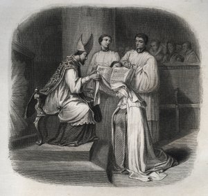 Beata Maria da Encarnação (Beard Jeanne Avrillot) (1566-1618) Mística francesa recebendo o véu de Carmelita em 1614. Gravura de 1846 em "Vidas dos Santos". Coleção privada. de Anonymous Anonymous