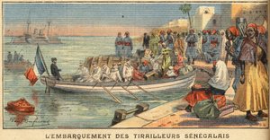 Embarque de cavaleiros senegaleses com sua esposa. Gravura do jornal "Le Petite Parisien", em 22/03/1908. Colecção privada. de Anonymous Anonymous