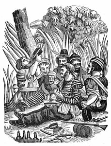A tripulação do Capitão Bartholomew Roberts descansa perto do antigo rio Calabar, no final do século XVII. Gravação do "O próprio livro dos piratas" de 1837. de Anonymous Anonymous