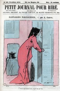 Desenho animado sobre casais parisienses. Uma mulher com o seu amante pede à empregada que a mande de volta com outro homem: "Diz-lhe que a mãe está aqui e que eu tenho de ir." Gravação no "Petity Journal pour Rire". de Anonymous Anonymous