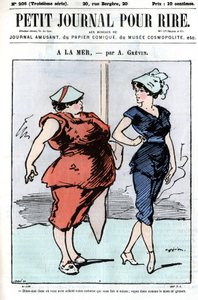 Desenho animado sobre as pessoas no mar. Duas mulheres, uma das quais fala de moda: "Diz-me onde compraste o teu fato que te faz tão magro; vê o quanto o meu cresce." Gravura em "Petity Journal pour Rire", de A. Grevin. de Anonymous Anonymous
