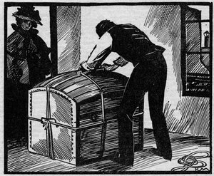 Caso Eyraud-Bompard (Eyraud Bompard) ou o caso do baú ensanguentado: descobriu o baú usado para esconder o cadáver do oficial de justiça Gouffe assassinado em 1888 em Paris pelo casal Michel Eyraud e Gabrielle Bompard. Ilustração retirada de "Le petit jour de Anonymous Anonymous