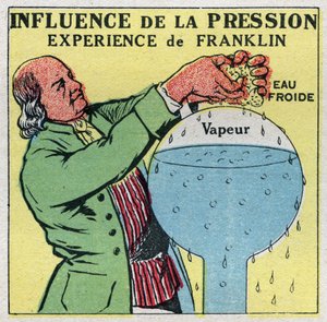 Mudanças nos estados: influência da pressão. O ponto de ebulição de Franklin, a experiência de Benjamin Franklin (1706-1790) para provar que a água pode ferver a menos de 100 graus. Ilustração anônima de 1925. Coleção privada. de Anonymous Anonymous