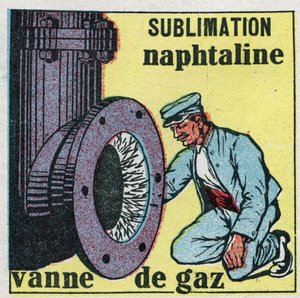 Mudanças nos estados: sublimação. Depósito de naftalina a entupir uma válvula de gás. Ilustração anónima de 1925. Coleção privada. de Anonymous Anonymous