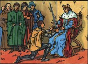 Charles V O sábio (1338-1380) entrega solenemente a espada do conetável a Bertrand du Guesclin (1320-1380). Ilustração anónima na "Collection des souverains et chefs d