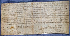 Carta do Rei Carlos Magno (Carlos I, Carlos Magno ou Carolus Magnus) (742-814) isentando a abadia de Saint Denis de taxas de pedágio durante a feira. Fim do século VIII. Paris, Arquivo Nacional de Anonymous Anonymous