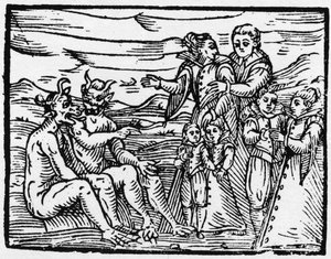 Criança admitida no sábado pela primeira vez - "Compendium Maleficarum", trata das bruxas, do seu mal e das suas faculdades por Francesco Maria Guazzo ou Guaccio ou Guaccius (15?? -16??) 1608 Coleção Privada de Anonymous Anonymous