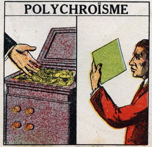 Cores: policroísmo. As moedas de ouro são amarelas, mas o ouro de camada fina é de cor verde. Ilustração anónima de 1925. Coleção particular. de Anonymous Anonymous