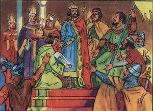 Coroação de Hugues Capet (941-996) em Noyon em 987, por Adalberon (ca. 925-990), arquebactéria de Reims. Esta coroação marcou o início da dinastia dos Capetianos, reis da França que recuperaram, direta ou indiretamente, por 8 anos. Ilustração anônima de Anonymous Anonymous