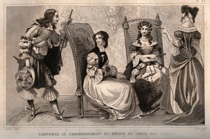 Fantasias no início do regimento de Luís XIV (1650). Gravura de 1859 em "Le Monde. História de todos os povos desde os tempos mais remotos até aos nossos dias". por M. E. de Lostalot-Bachoue (Lostalot Bachoue). Coleção particular. de Anonymous Anonymous