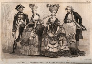 Fantasias no início do regimento de Luís XVI (1775). Gravura de 1859 em "Le Monde. História de todos os povos desde os tempos mais remotos até aos nossos dias". por M. E. de Lostalot-Bachoue (Lostalot Bachoue). Coleção particular. de Anonymous Anonymous