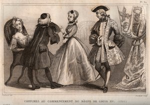 Fantasias no início do regimento de Luís XV (1720). Gravura de 1859 em "Le Monde. História de todos os povos desde os tempos mais remotos até aos nossos dias". por M. E. de Lostalot-Bachoue (Lostalot Bachoue). Coleção particular. de Anonymous Anonymous