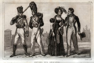 Fantasias sob Louis XVIII. Gravura de 1859 em "Le Monde. História de todos os povos desde os tempos mais remotos até aos nossos dias". por M. E. de Lostalot-Bachoue (Lostalot Bachoue). Coleção particular. de Anonymous Anonymous