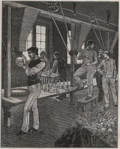 Oficina de gravadores de cristais em França, no século XIX. Gravura a partir de 1885 em "Les arts et metiers illustres" de Adolphe BITARD. de Anonymous Anonymous