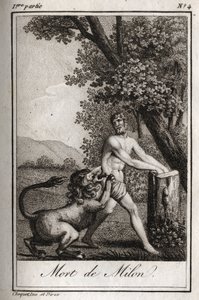 Morte de Milon de Crotone (Milo de Crotone) devorado por um lobo. Gravura de 1819 em "Lettres a Emilie sur la mythologie" de Charles Albert Demoustier (1760-1801). Coleção privada. de Anonymous Anonymous