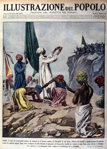 Manifestação liderada pelo líder político Mohandas Karamchand Gandhi (1869-1948) para protestar contra as autoridades inglesas, representando uma cerimónia durante a chamada marcha dos Mártires em direcção a Jalaipur. Ilustração retirada de "L