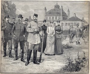 Partiu para caçar o czar Nicholas II da Rússia (1868-1918) em Fredensborg, Dinamarca. Gravura em "Le Petit Parisien" 1893. de Anonymous Anonymous