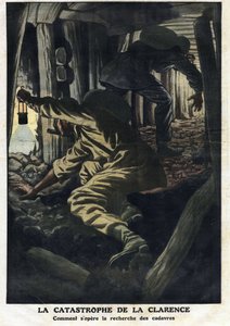 Desastre da mina de Clarence (Nord pas de calais): esforços de resgate estão tentando recuperar os corpos das vítimas da explosão do grisu. Ilustração retirada do "Le Petite Journal" 22/09/1912 Coleção privada. de Anonymous Anonymous