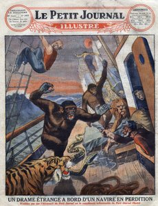 Drama sobre o transatlântico francês "Saint Etienne": gorilas, tigres, leões e cobras destinados aos jardins zoológicos ingleses escaparam da sua jaula e atacaram os membros da tripulação. "Engraving". Um dos "The Little Journal Illustrates". de Anonymous Anonymous