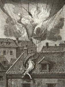 Morte dramática de Madame Sophie Blanchard (1778-1819), aeronáutica em 6 de julho de 1819 sobre os jardins do Tivoli em Paris, Gravura, Coleção Privada de Anonymous Anonymous