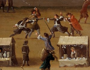 Cena de duelo na Pont Neuf em Paris no século XVII Detalhe. Pintura anónima. Paris, Musee Carnavalet de Anonymous Anonymous