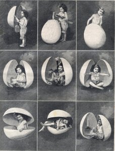 Ovos de Páscoa: uma menina dentro de um ovo. Gravura em "Le Petite Parisien". de Anonymous Anonymous