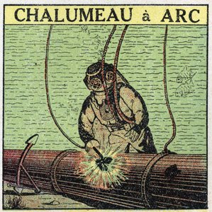 Ferramentas eléctricas: lanterna de arco utilizado por um scaphandler no fundo da água. Ilustração anónima de 1925. Coleção privada. de Anonymous Anonymous