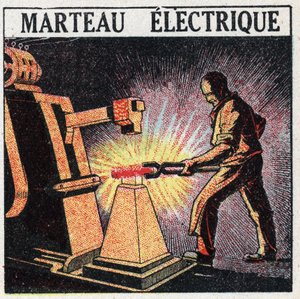 Ferramentas eléctricas: martelo eléctrico. Ilustração anónima de 1925. Coleção privada. de Anonymous Anonymous