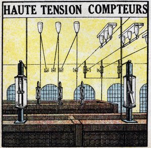 Linhas eléctricas: contadores de alta tensão. Ilustração anónima a partir de 1925. Coleção privada. de Anonymous Anonymous