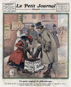 Jovens elegantes, o rosto delas se esconde atrás de uma máscara, depilam os sapatos dos transeuntes londrinos para angariar dinheiro para hospitais ingleses. Ilustração retirada do "Le petit journal illustrious" de 11/06/1921. Coleção Particular de Anonymous Anonymous