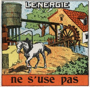 A energia não se gasta: o cavalo agarra-se a um maneio e ouve água num reservatório. Ilustração anónima de 1925. Coleção privada. de Anonymous Anonymous