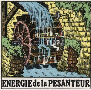 Energia da gravidade: roda de um moinho de água. Ilustração anónima de 1925. Colecção privada. de Anonymous Anonymous