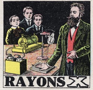 Éter (material): Raios X descobertos pelo físico alemão Wilhem Conrad Roentgen ou Rontgen (1845-1923). Ilustração anônima de 1925. Coleção privada. de Anonymous Anonymous