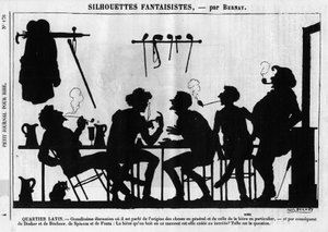 Silhuetas fantásticas de Bernay. Desenho animado sobre os intelectuais parisienses: "Latin Quarter". Grande discussão onde se fala sobre a origem das coisas em geral e da cerveja em particular..." Gravura em "Petity Journal pour Rire". de Anonymous Anonymous