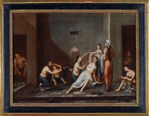 "Ladies in the Hammam" Pintura anónima 1741 - Óleo sobre tela, 39x53 - Colecção Privada de Anonymous Anonymous