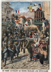 Primeira Guerra Mundial 1914-1918 (14-18): Os sérvios receberam as tropas francesas com entusiasmo. Gravação no "Le Petité Journal", em 24/10/1915. Colecção privada. de Anonymous Anonymous