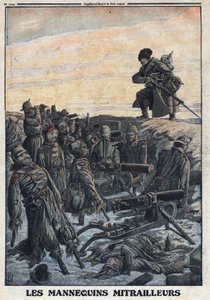 Primeira Guerra Mundial 1914-1918 (Guerra 14-18). Os soldados alemães usam manequins que têm em trincheiras com metralhadoras para enganar o inimigo russo de forma tão armadilhada. No "Le Petite Journal", a 06/02/1916. Coleção Privada de Anonymous Anonymous