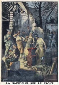 Primeira Guerra Mundial 1914-1918 (Guerra 14-18). Celebração de São Eloi (Saint-Eloi) de soldados na frente. Todos eles bebem um copo de vinho tinto para a festa. No "Le Petite Journal", em 3/12/1916. Coleção Particular de Anonymous Anonymous