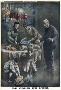 Primeira Guerra Mundial 1914-1918 (Guerra 14-18). Presente de Natal: As crianças recebem e desembalam os pacotes que receberam do pai no campo de batalha na véspera de Natal. No "Le Petite Journal", em 24/12/1916. Coleção Privada de Anonymous Anonymous