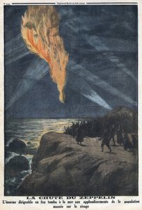 Primeira Guerra Mundial 1914-1918 (Guerra 14-18). Caindo um zepelim do exército alemão em chamas, retornando de uma incursão na Inglaterra. No "Le Petite Journal", em 17/12/1916. Coleção Privada de Anonymous Anonymous