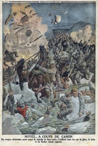 Primeira Guerra Mundial 1914-1918 (Guerra 14-18). O exército alemão tenta atravessar o rio Duna gele mas a artilharia russa disparou sobre o gelo com uma arma e afogou o exército alemão (apelidado de Boche no texto) No "The Petity Journal". de Anonymous Anonymous