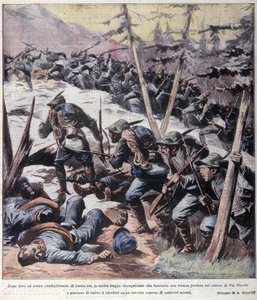 Primeira Guerra Mundial: "Caçadores alpinos italianos (alpinos ou alpinistas) levam de volta dos inimigos o Pal Piccolo, alpes italianos" 1916 Ilustração de "La domenica del corriere" de Anonymous Anonymous