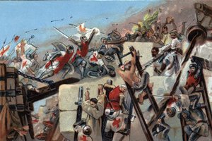 Primeira cruzada (1096-1099): a captura de Jerusalém pelos crois liderados por Godefroy (Godefroi) de Bouillon (1061-1100) em 15 de julho de 1099. Cromolitografia publicitária dos chocolates Antoine em Bruxelas, no início do século XX. Coleção Particular de Anonymous Anonymous